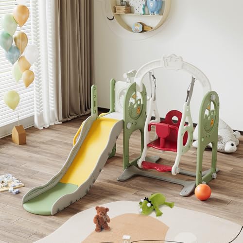 Scivolo Bambino 6 in 1 con Altalena, Scivolo Interno ed Esterno Parco Giochi, Altalena Regolabile in Altezza e Cestino da Basket, Scala, Telescopio, Carico Max. 35 kg, verde (6 in 1 verde)