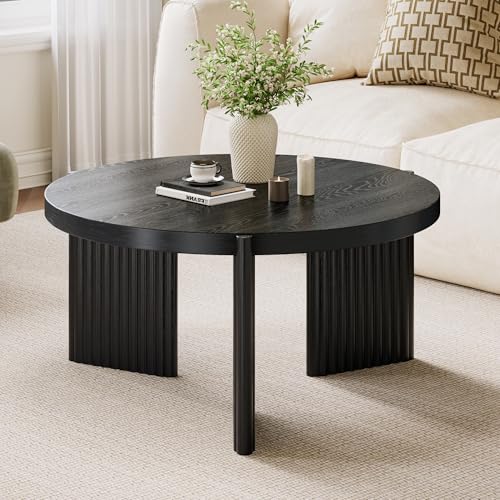 Luoxiao Coffee Table, 27.5' Round Coffee Tables for Living Room, Modern Black Fluted Center Table, Small Wood Circle Accent Table with Ribbed Base & Non-Slip Footpads for Apartment, Easy Assembly