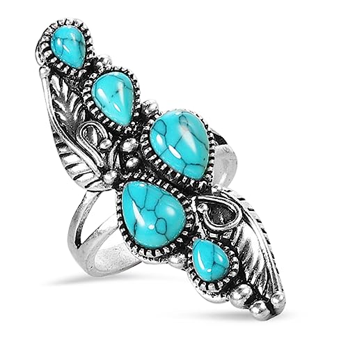 HAIXIAN Antique Full Finger Turquoise Stones Ring,Retro Thick Silver Plated Multi Waterdrop Gemstone Crystal Wide Cocktail Party Ring Jewelry