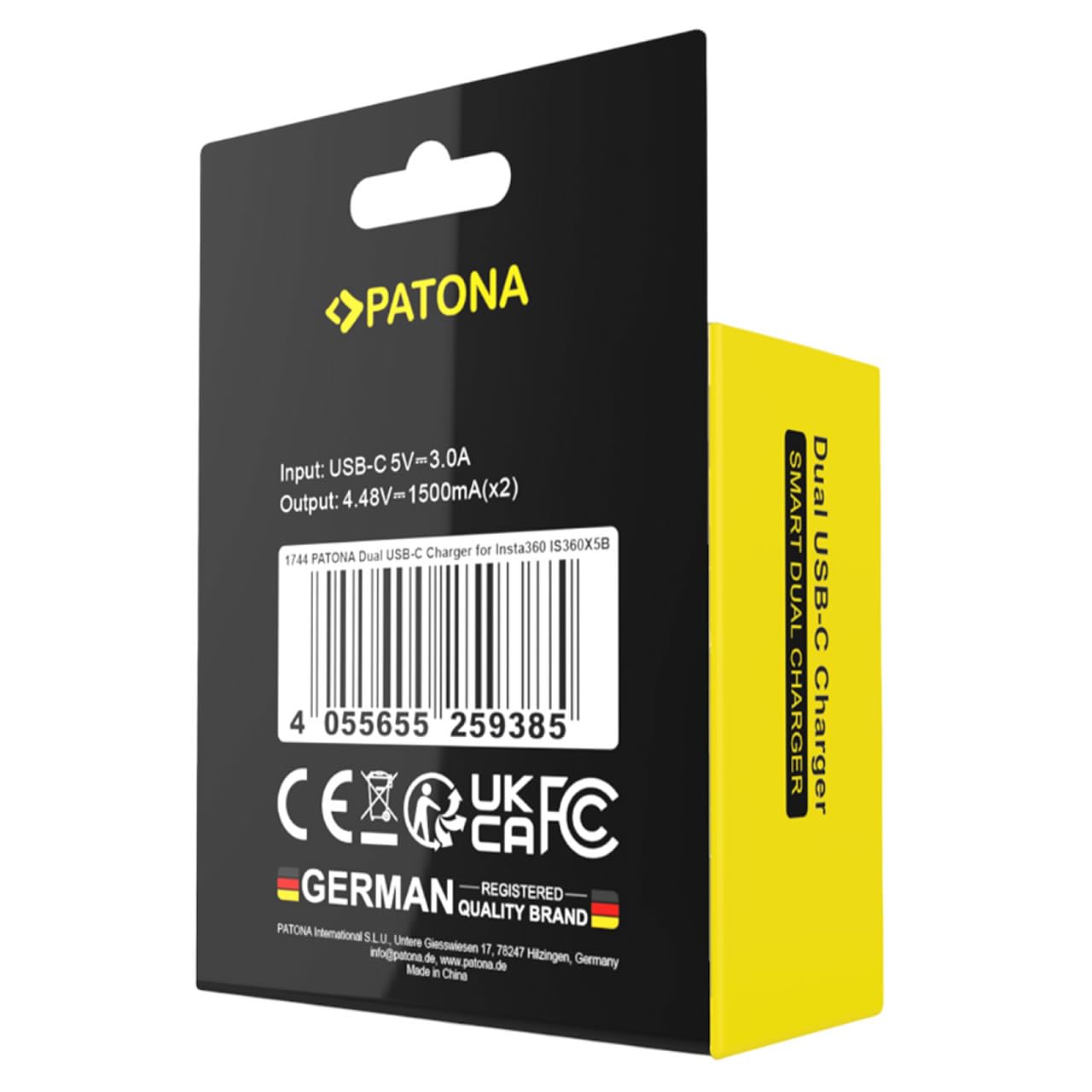 PATONA Caricabatterie doppio per Insta360 X5 batteria CINSBAHA – USB-C Scatola portaoggetti per 2 batterie e microSD, ingresso 5V 3A, cavo USB-C compatibile con action cam, compatto e leggero