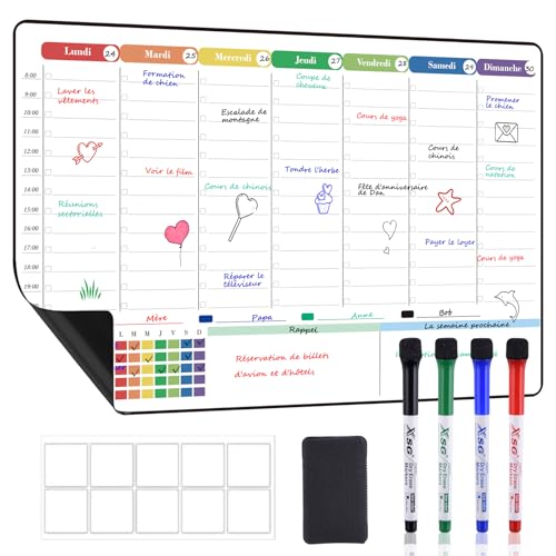POPRUN Calendrier Magnetique Pour Frigo,Planning Semaine Tableau Blanc Effacable emploi du temps, Idéal pour Liste de Courses,Organiseur Hebdomadaire...