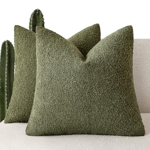 Image of Foindtower Set of 2, Decorative Textured Boucle Throw Pillow Covers Accent Solid Pillow Cases Neutral Soft Cozy Couch Cushion Case for Chair Sofa Bedroom Living Room Home Decor 24x24 Inch Moss Green