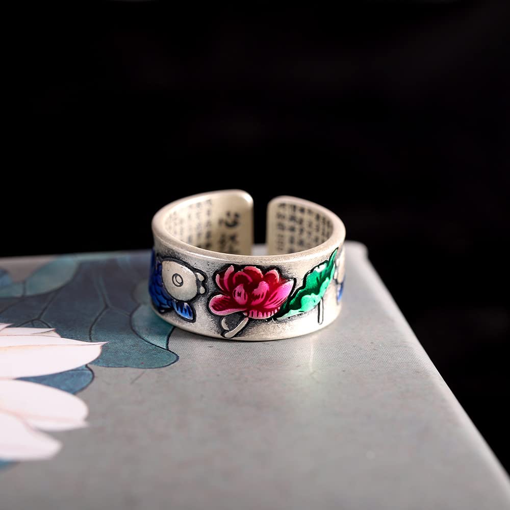 999 Sterling SIERT Silver Lotus Fish Fish Ring Style China Heart Sutra Anillo para Amantes De Yoga Amantes De Joyas De Plata