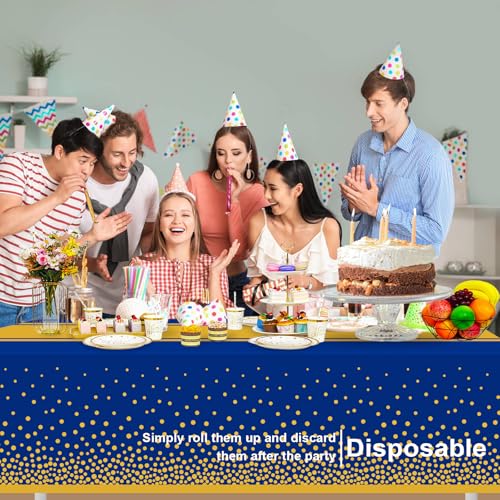 Image of 6 Pack Blue and Gold Tablecloth Party Decorations Plastic Blue Tablecloth Printed Gold Table Runner 54 x108 Inch Disposable Rectangle Table Cover for Birthday Wedding Graduation