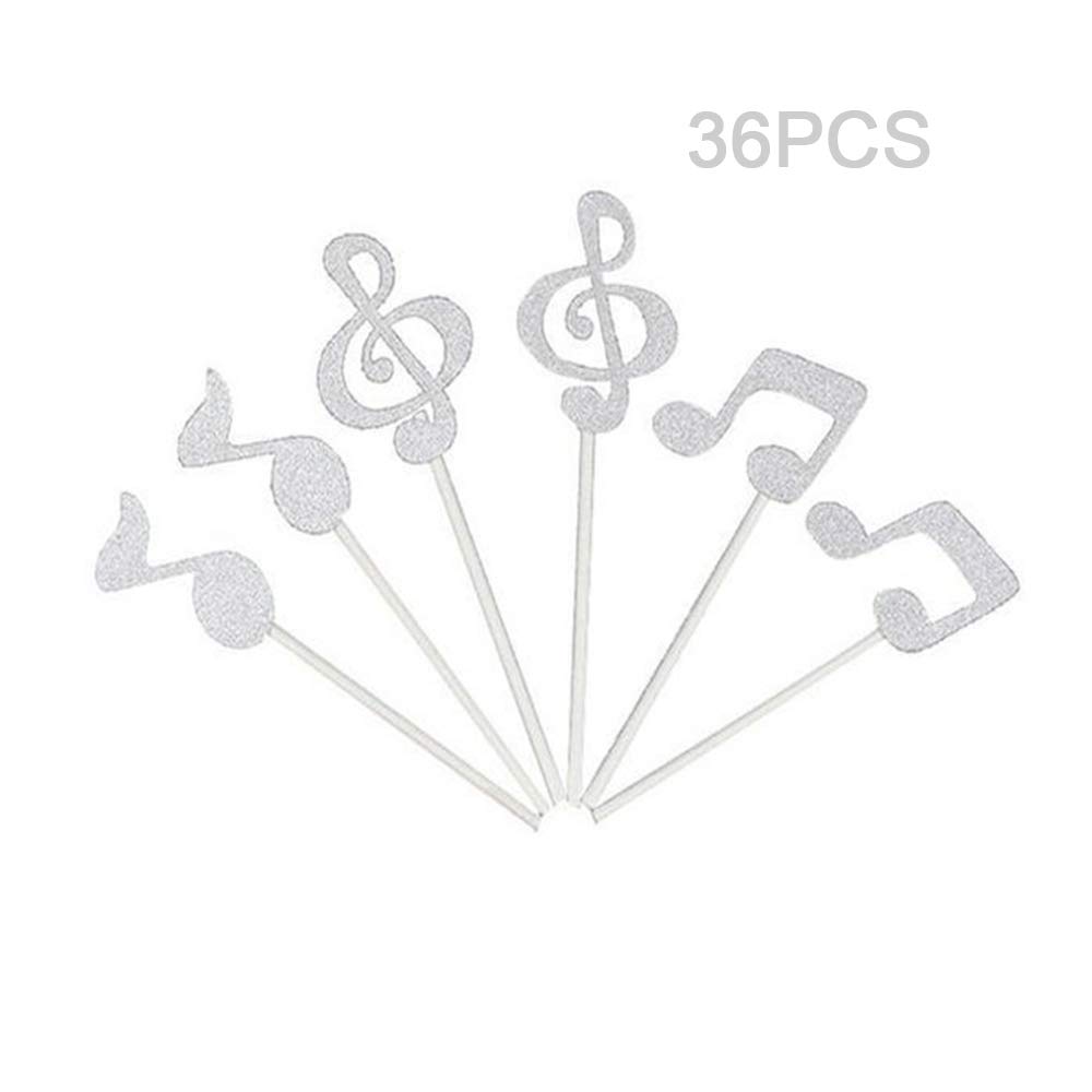 Silver Glitter Music note Cupcake Toppers Silver Musical Party Cupcake Decorations for Birthday | Baby Shower | Wedding | Engagement | Graduation Party Dessert Decorations Topper, Pack of 36
