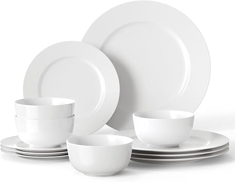16 Pieces Plates and Bowls Sets, White Porcelain Dinnerware Sets, Ceramic Dishes Set Service for 4, White Kitchen Dinner Dining Ware Set