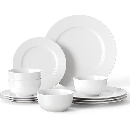 16 Pieces Plates and Bowls Sets, White Porcelain Dinnerware Sets, Ceramic Dishes Set Service for 4, White Kitchen Dinner Dining Ware Set