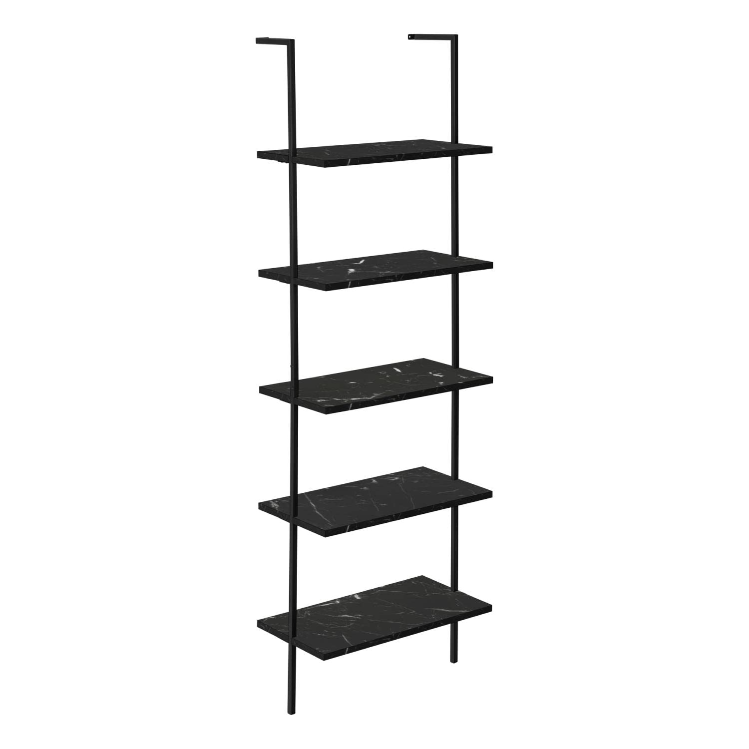 Monarch Specialties I 3684 Bookshelf, Bookcase, Etagere, Ladder, 5 Tier, 72" H, Office, Bedroom, Metal, Laminate, Black Marble Look, Black, Contemporary, Modern