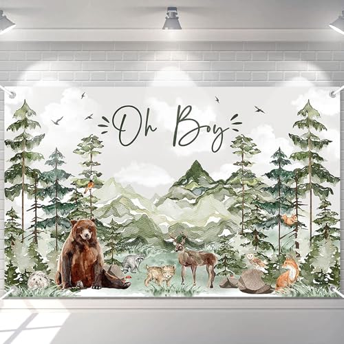 Image of Avezano Oh Boy Backdrop Forest Adventure Baby Shower Photography Background Mountain Wilderness Woodland Baby Shower Decorations Watercolor Greenery Forest Party Photoshoot Banner (6 x 3.6 ft)