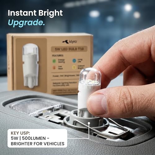 Image of klyro T10 LED Car Bulb 5W 500 Lumens - Super Bright Interior Light, 6000K Cool White, Energy Saving, Long Life, Plug & Play Replacement (Pack of 2)