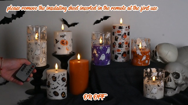 Image of White Ghost Halloween Flameless Pillar Candles with Remote Set of 3 | Flickering LED Candles in Glass Jars, 2 AA Battery Power, Holiday Home Table Shelf Decor & Gift