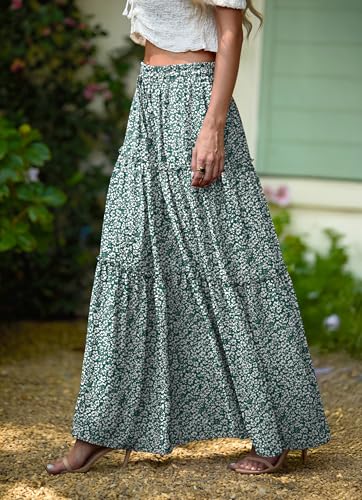 Image of Lepunuo Womens Casual Boho High Waisted Flowy Maxi Skirts Tiered Floral Long Skirts with Pockets for Summer Beach Vacation