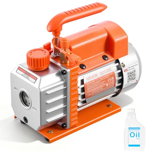 VEVOR Vacuum Pump, 3.5 CFM 1/4 HP, HVAC Single Stage Rotary Vane AC Vacuum Pump, for R134a R22 R410a Systems, 4 Pole Motor, for Automotive Air Conditioner Maintenance Resin Degassing, Oil Included