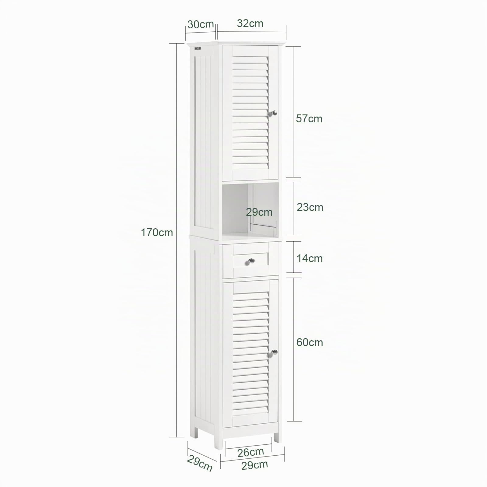 SoBuy Mueble Columna Baño Estrecho Blanco – Armario Alto Auxiliar con 2 Puertas, Cajón y Estante Abierto Mueble de Baño Estrecho para Lavadero Aseo o Espacios Reducidos 32x170x30cm FRG236-W