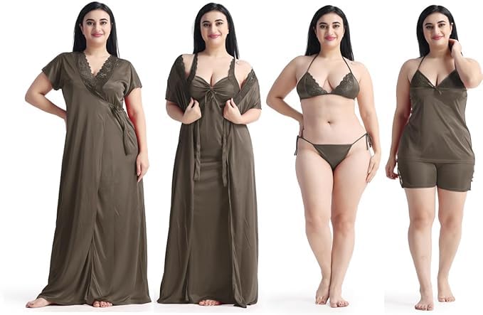 Image of Satin 6 Piece Nightwear Set, Coral Pink Lace Trim Sleepwear with Robe, Nighty, Top, Shorts, Lingerie Set for Women, Summer Collection-Mehndi Green.