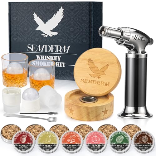 Kit Ultimate Whisky Smoker Kit antiquado com tocha - 6 lascas de madeira sabor, 2 copos, 2 moldes de bola de gelo - Kit de defumador de coquetel presentes para homens, pais, amantes do kit de