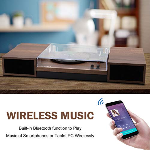 LP&No.1 Bluetooth Vinyl Record Player with External Speakers, 3-Speed Belt-Drive Turntable for Vinyl Albums with Auto Off and Bluetooth Input, Walnut - Thumbnail 3