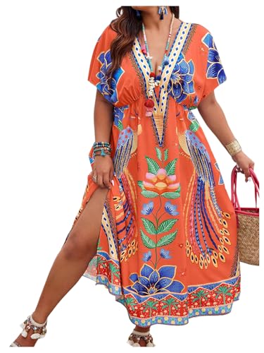 Image of Floerns Women's Plus Size Tribal Print Dolman Sleeve Slit Summer Maxi A Line Dress
