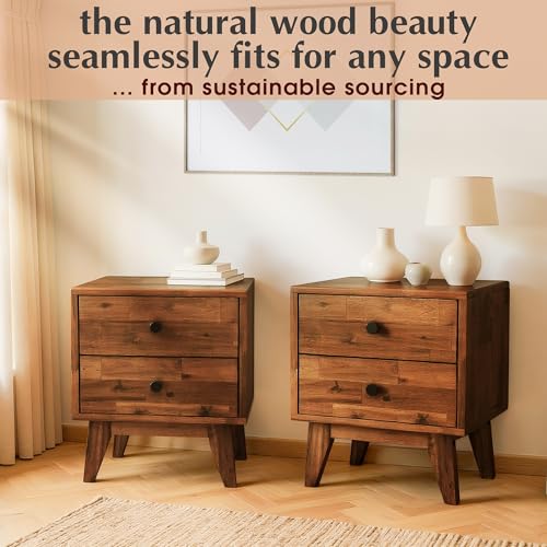 Image of Acacia Silvia Nightstand with 2 Drawers, Solid Wood Bedside Table, Table with Storage Drawers for Bedroom, Bedside End Table with Drawer and Storage Space, Chocolate