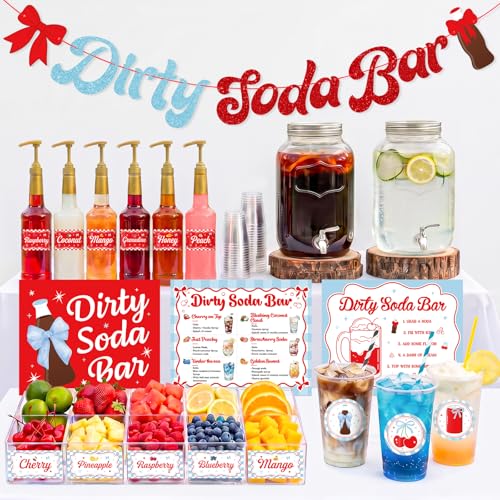 Blue Dirty Soda Bar Banner Soda Pop Theme Party Decorations Include Dirty Soda Sign Cute Soda and Bow Sticker Fruit Stickers for Birthday Baby Shower Summer Ready to Pop Party