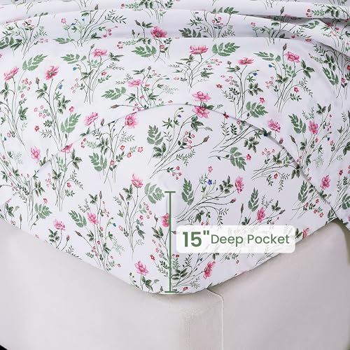 Image of Softan Vintage Floral Full Bed Sheets, Cozy Microfiber Flower Printed Sheets with 15 inch Deep Pocket Fitted Sheet & Non-Slip Straps, Patterned Botanical Wildflower Sheets & Pillowcase Set
