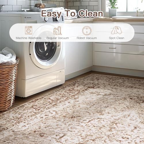Lofus 5x7 Area Rugs for Living Room, Washable Area Rug, Rugs for Bedroom, Kitchen, Vintage Boho Carpet, Soft Non-Slip, Low Pile Large Area Rug for Office Dining Room, Vintage Beige Brown