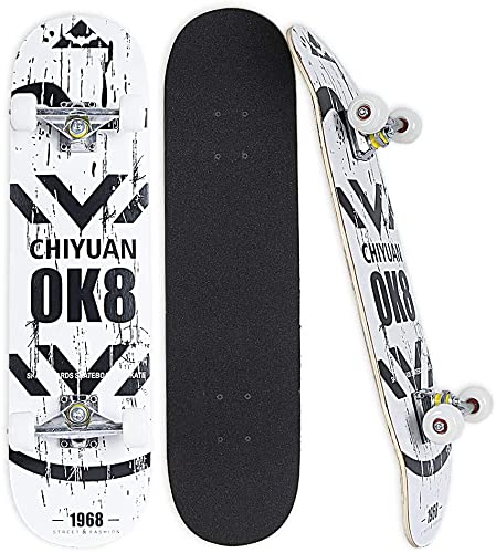 Monopatín completo de 31 x 8 pulgadas para niños, niñas, adolescentes, adultos, principiantes, 8 capas de arce, doble patada con ABEC-11 (blanco) Cover