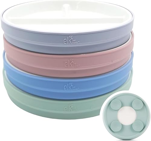 Elk and Friends Platos divididos de porcelana para niños de 7.8 pulgadas con mangas de succión de silicona, adecuados para niñosniños pequeños,