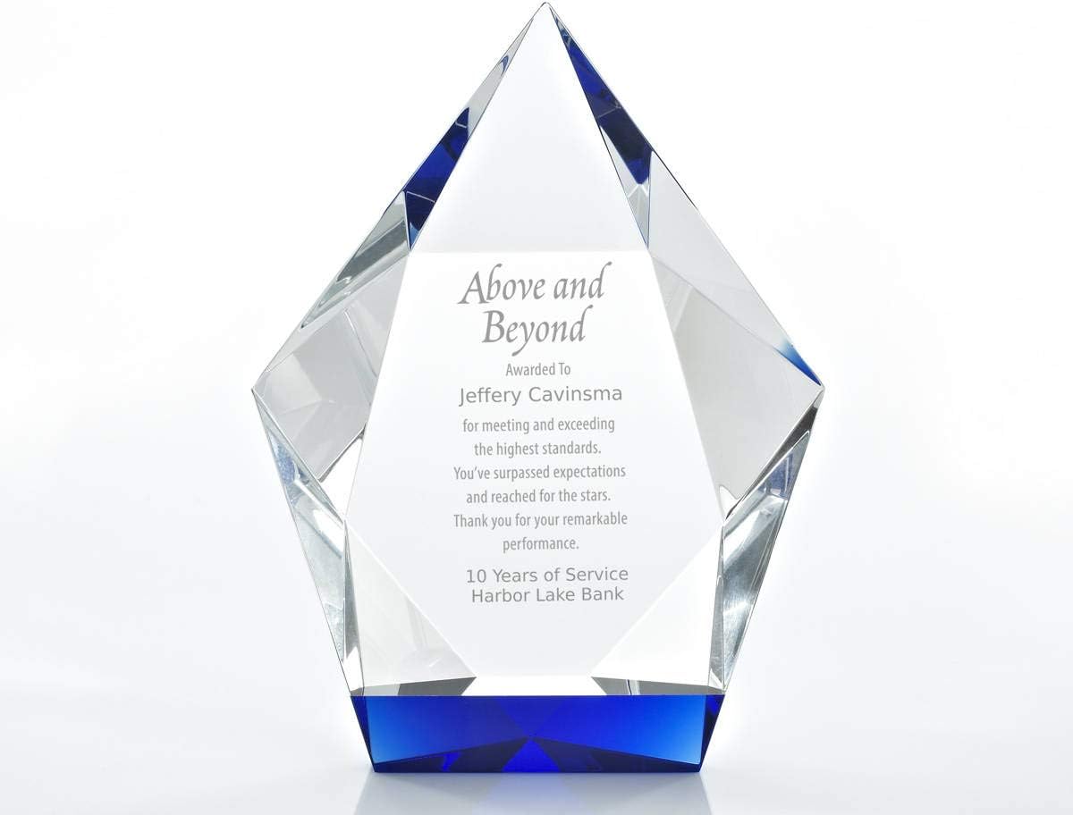 Baudville Engraved Trophy - Crystal - Blue at The Base - Award for Employees - Personalized Engraving - Comes in Gift Box