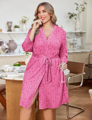 Image of Ekouaer Women Plus Size Robe Knee Length Lightweight Bathrobe Short Kimono Robes with Pockets Maternity Robe