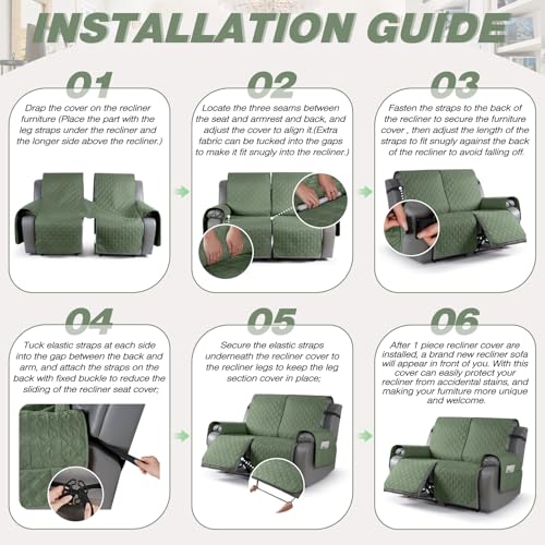 Image of TAOCOCO 100% Waterproof Recliner Covers, Recliner Sofa Covers with Leg Straps, Reversible Recliner Couch Cover for Reclining Chair, Washable Couch Protector for Pets Kids(2 Seater, Moss Green)