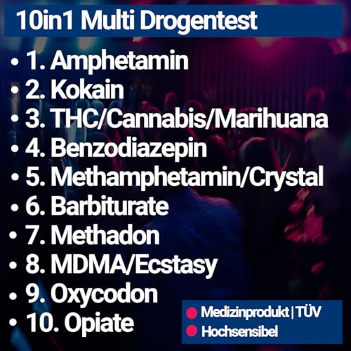 5x 10in1 Multi Drogentest Urintest – 10 Drogenarten – Drogenschnelltest auf THC, Amphetamine, Kokain, Opiate, Meth, Methadon, MDMA, Benzodiazepine, Oxycodon und Butalbital