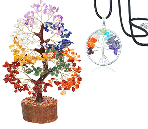 Crocon® 7 Chakra Tree of Life Pendant, Crystal for Positive Energy Gemstone Attraction, Feng Shui Money Bonsai