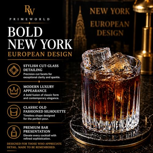 Image of PrimeWorld Newyork Eropean Crystal Whiskey Glasses Set of 6 pcs- 300 ml Bar Glass for Drinking Bourbon, Whisky, Scotch, Cocktails, Cognac- Old Fashioned Cocktail Tumblers