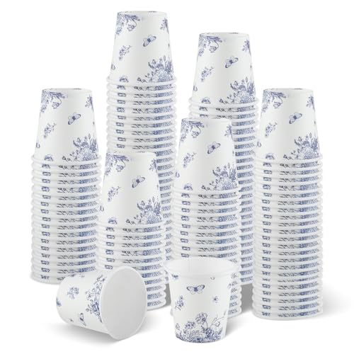 NatNarr 2 oz Bathroom Cups 150 Pack Mini Mouthwash Cup Disposable Small Paper Cups Blue Floral Pattern Paper Cup for Hot/Cold Beverage Coffee Dessert Bathroom Home Picnic Party
