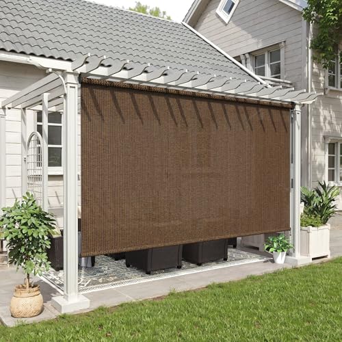VOXBIN Custom Size 109" W×96" H Outdoor Cordless Roller Shade with Spliced Design, Exterior Roll up Blinds with 220 GSM HDPE Fabric for Patio, Yard, Deck and Porch, Mocha