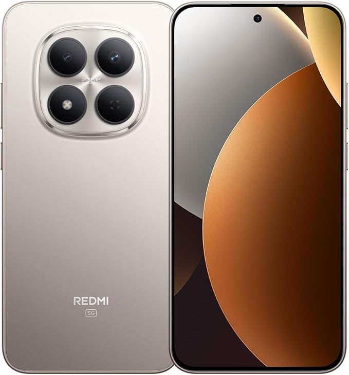 Smartphone Xiaomi Redmi Note 15 Pro 5G na cor Titanium exibindo a parte traseira com módulo de câmeras e a parte frontal com tela infinita