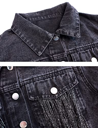 Bienmorn Womens Cropped Black Fringe Denim Jackets Retro Distressed Frayed Western Tasssel Cowgirl Jean Tops(0001-Black-L) #TOP5