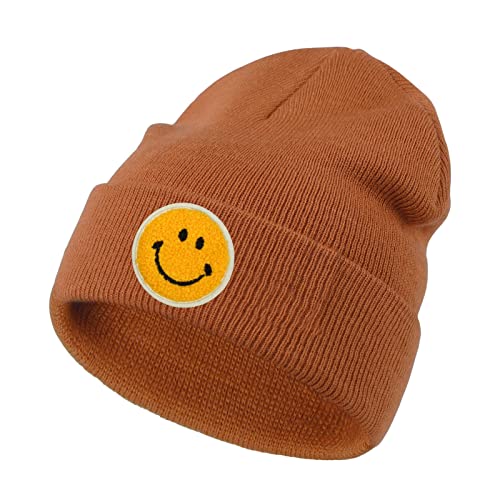 Lycycse Womens Beanies For Winter Knit Smile Face Beanie Hat Embroidered Cuffed Slouchy Beanies For Women Dark Orange #TOP6