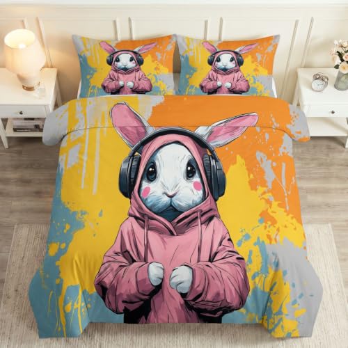 Image of Abstract Reversible Super King Duvet Cover Set, Fade Resistant Anime Doodle Animal Bunny Headphones Duvet Cover 260x220 cm - Orange Soft Brushed Microfibre Bedding for Kids Teens & Adults