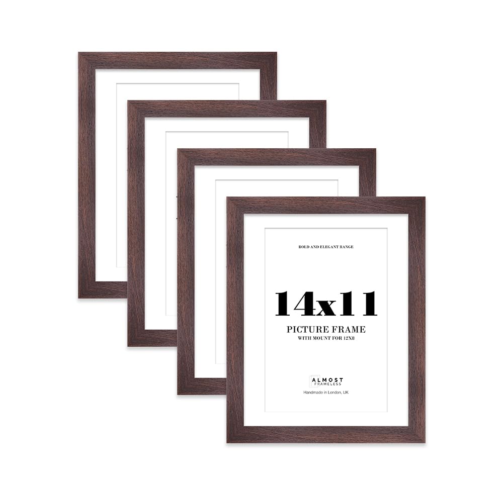14x11" Walnut Frame With Mount for 12x8" Pictures 28mm Edge Portrait and Landscape Display with Wall Hooks and Kickstand, 4 Pack