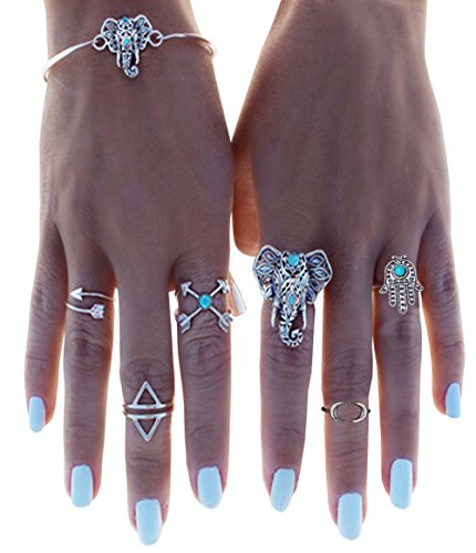 6 Pcs Vintage Arrow Moon Turquoise Joint Knuckle Nail Midi Rings with Bracelet