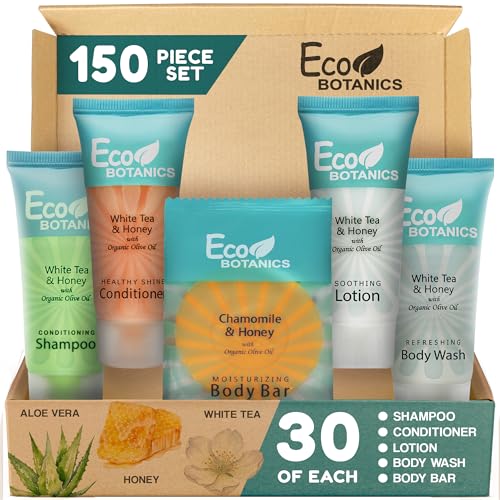 Travel Size Hotel Toiletry Set 150 Count 0.85 oz Bottles Guest Amenities for Vacation Rentals and Short Term Rentals Paraben Free White Tea Scent Infused with Aloe and Olive Oil by Eco Botanics