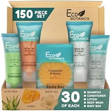 Travel Size Hotel Toiletry Set 150 Count 0.85 oz Bottles Guest Amenities for Vacation Rentals and Short Term Rentals Paraben Free White Tea Scent Infused with Aloe and Olive Oil by Eco Botanics