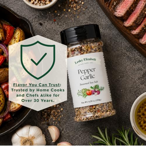 Image of Lesley Elizabeth Pepper & Garlic Seasoned Sea Salt Seasoning - Bold Garlic & Pepper Infused Sea Salt - 8.4 oz (250 ml) PET Shaker Bottle for Meats, Vegetables & Marinades