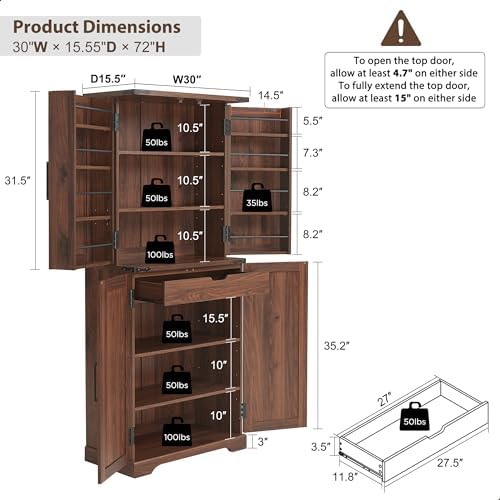 ACCOHOHO 72" Tall Wooden Pantry Storage Cabinet with Door Shelves & Drawer - 1