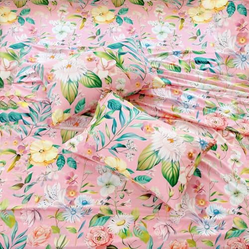 MICORAL Full Boho Floral Sheet Set, 4-Piece Printed Botanical Bed Sheets, 16" Deep Pocket, Ultra Soft & Cooling Sheet, Oeko-TEX Certified, Blossoming Pink by MICORAL - Used condition - Image 8
