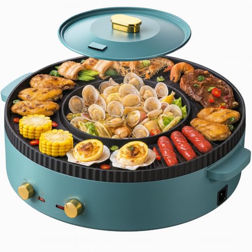 Electric Barbecue Hotpot 2 in1 BBQ Grill Non-Stick Barbecue Pan Smokeless Hot Pot Machine BBQ (AU Plug) (Green)
