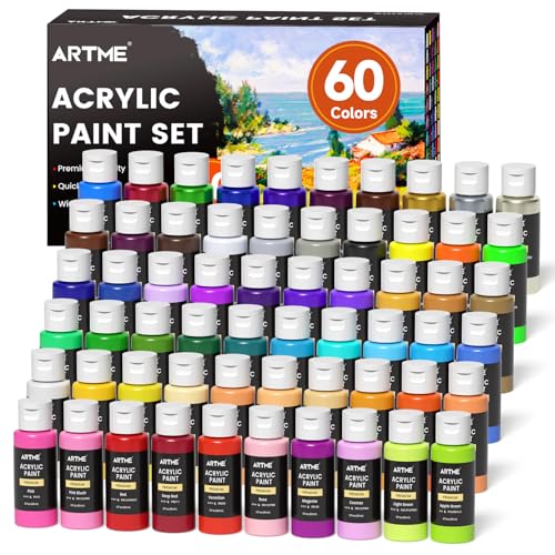 Artme Acrylic Paint Set, 60 Colors in 2oz/60ml Bottles, Non Toxic, Waterproof, Rich Pigments Acrylic Paint for Artists, Students, Beginners Painting on Rocks Canvas Wood Clay Fabric Ceramic Crafts