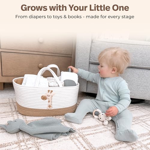 Image of Baby Diaper Caddy Organizer - Giraffe Safari Nursery Storage Rope Basket | Spacious diaper caddy organizer with 3 compartments for 30+ diapers, wipes, creams, bottles and burp cloths